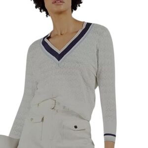 Ted Baker White Pointelle 3/4 Sleeve V-neck Preppy Sweater Blue Pink Trim size 0